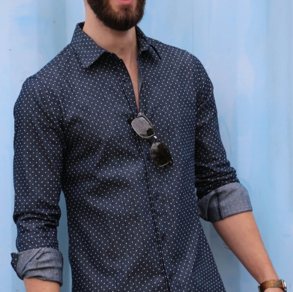 MBM Paris Men's Polka Dot Button Down Shirt Size Medium Color Blue White